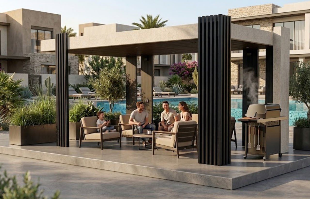 A family relaxing under an Energy Pavilion