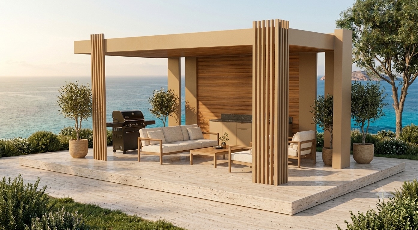 Energy Pavilion in finitura chiara con vista sul mare